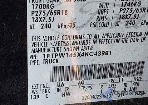 2004 Ford F-150 Fx4/Lariat/Xlt z USA, uszkodzony, nr VIN 1FTPW145X4KC43981